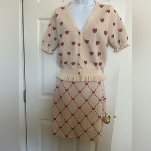 Heart Patterned Beige Cardigan and Skirt Set from CIDER